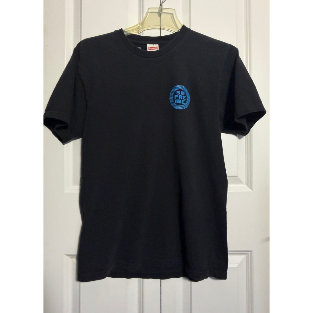 Supreme T-Shirt Mens Medium Black Excellent Blue Circular Logo Graphic Tee USA